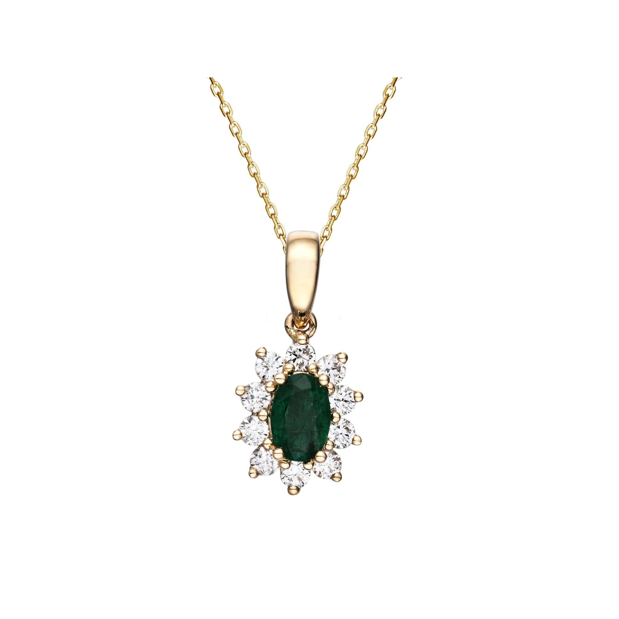 18ct Yellow Gold Oval Emerald and Diamond Cluster Pendant.