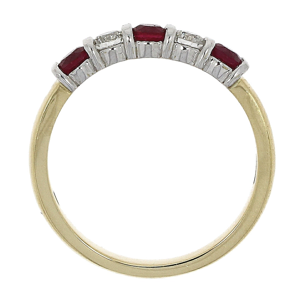18ct Yellow and White Gold 5 Stone 3 Ruby and 2 Diamond Bar Set Ring