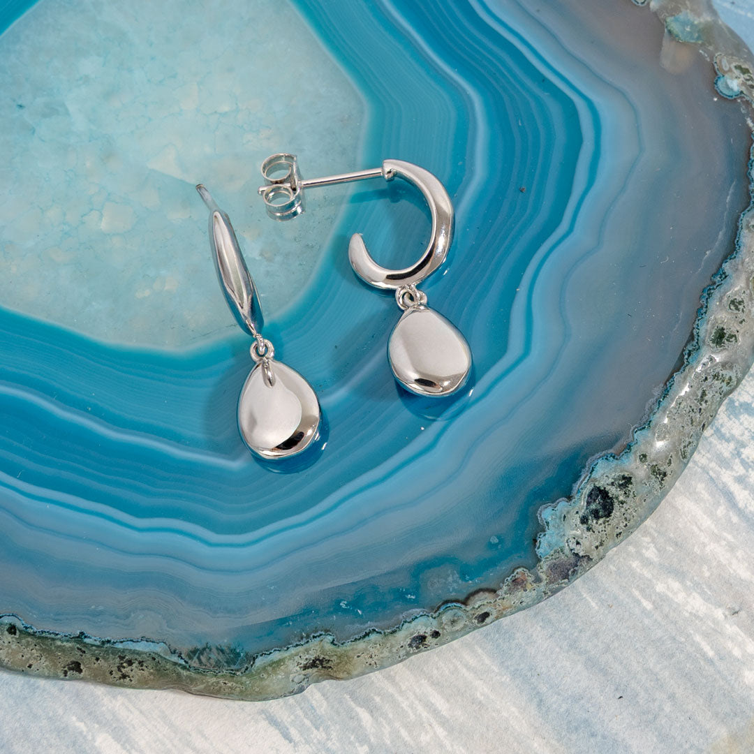 Kit Heath Rhodium Plater Coast Pebbles Semi Hoop Stud Drop Earrings