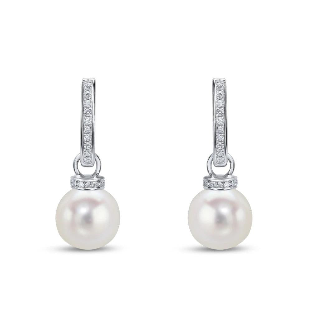 18ct White Gold Cultured Pearl and Diamond Hoop Drop Earrings