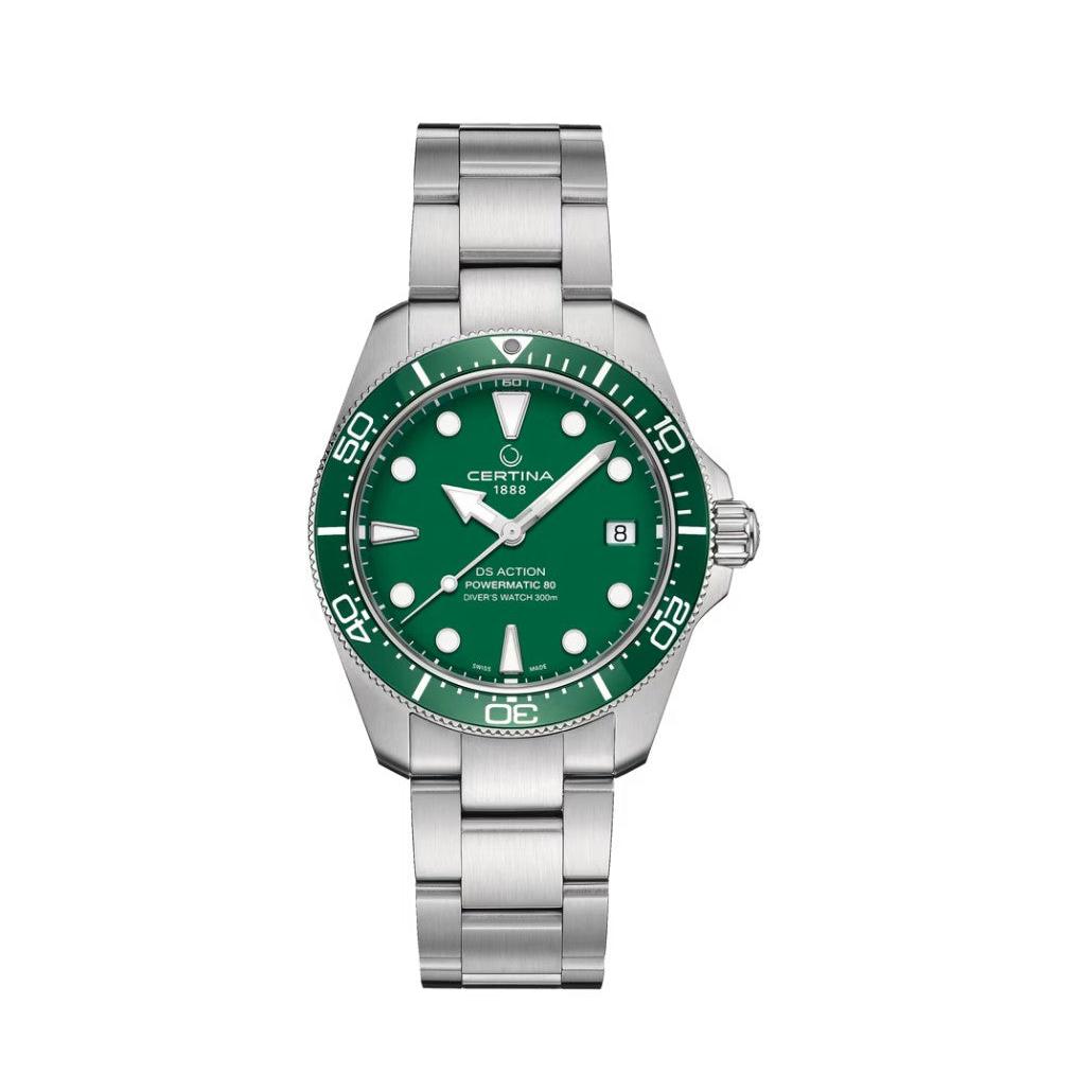 Certina DS Action Diver Powermatic 80 Automatic Watch. Green Dial Stainless Steel Bracelet.