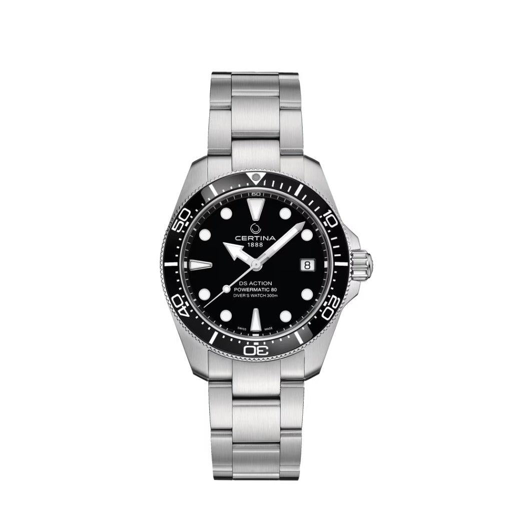 Certina DS Action Powermatic 80 Automatic Watch. Black Dial Stainless Steel Bracelet.