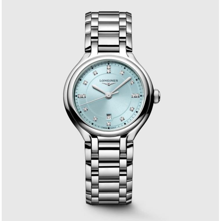 Longines PrimaLuna Quartz Watch. Mint Blue Dial Stainless Steel Bracelet. 15 Diamond Dot Dial.