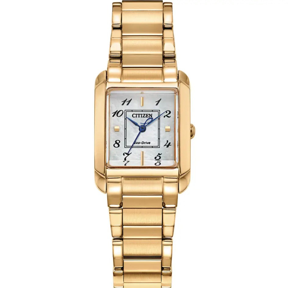 L Bianca Eco Drive Watch. Mother of Pearl Dial Gold Tone Stainless Steel Bracelet
