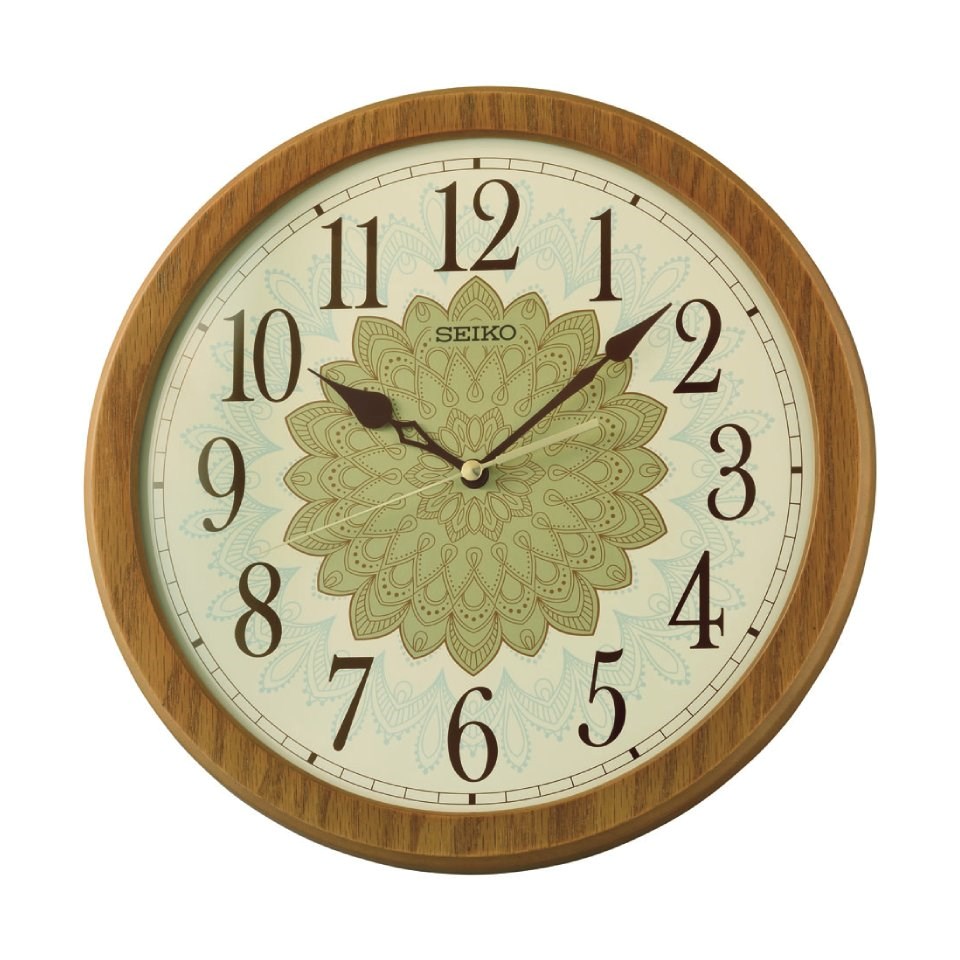 Seiko Wooden Wall Clock with Floral Design on Face