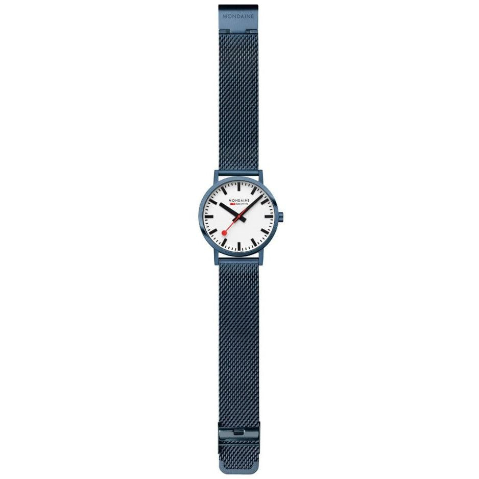 Mondaine Classic White Dial Blue Mesh Staineless Steel Bracelet Quartz Watch.