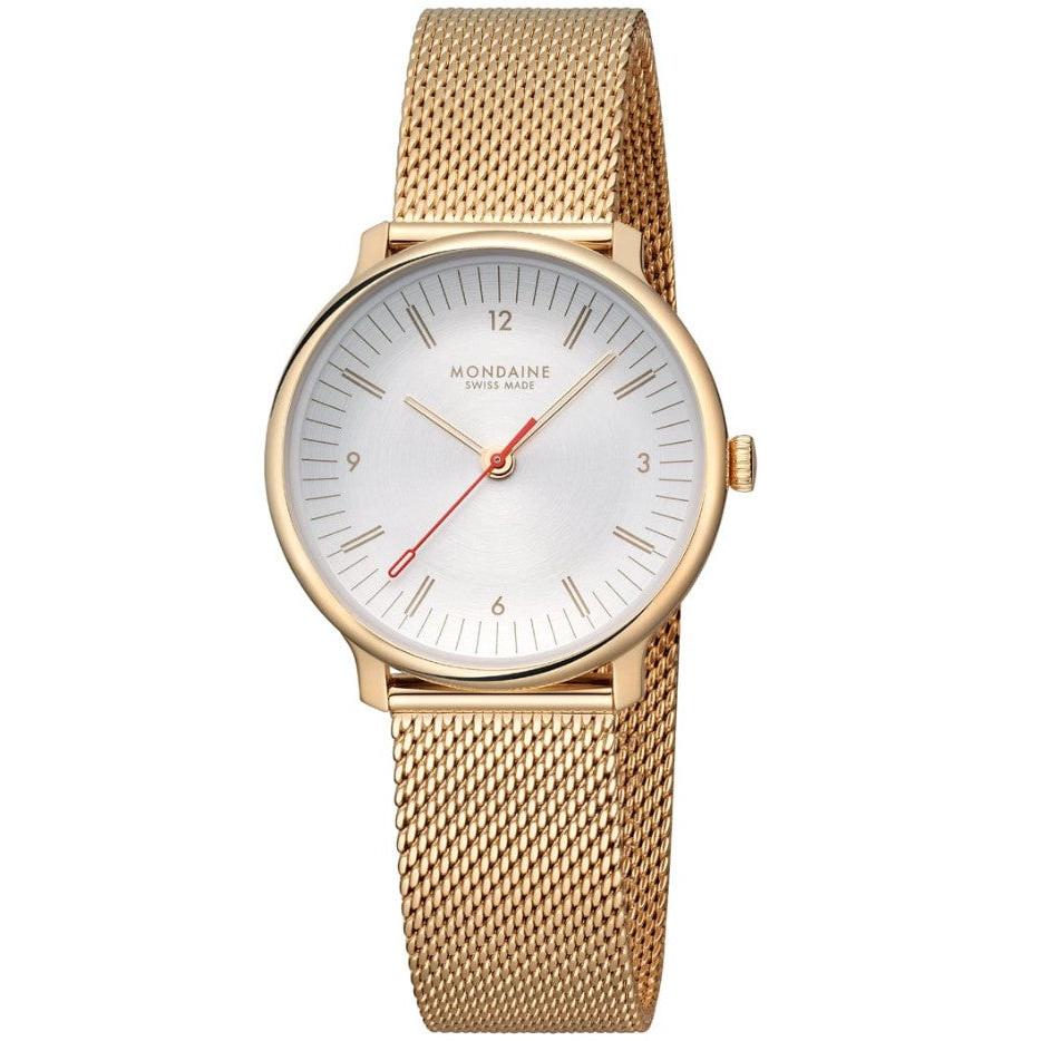 Mondaine Doppio Quartz Watch. Silver Dial, Gold Stainless Steel Case and Mesh Bracelet.
