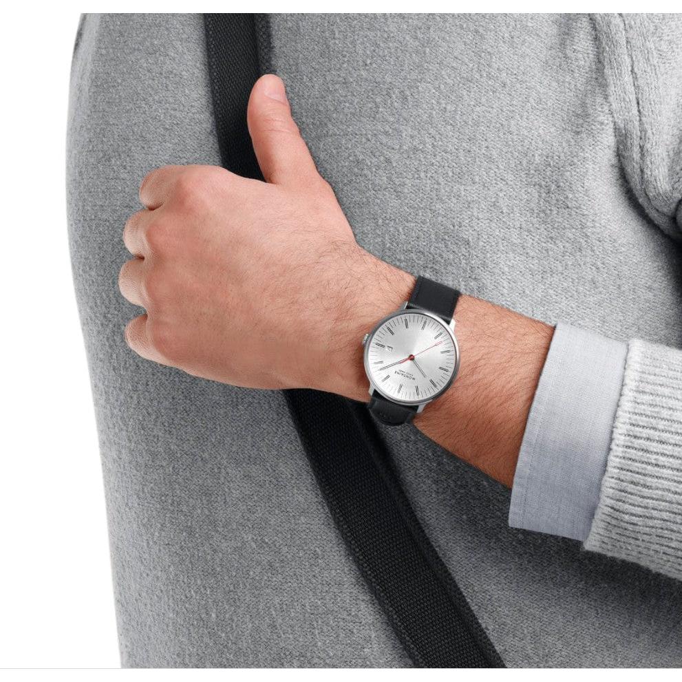 Mondaine Doppio Quartz Watch. Silver Dial, Black Grape Leather Strap.