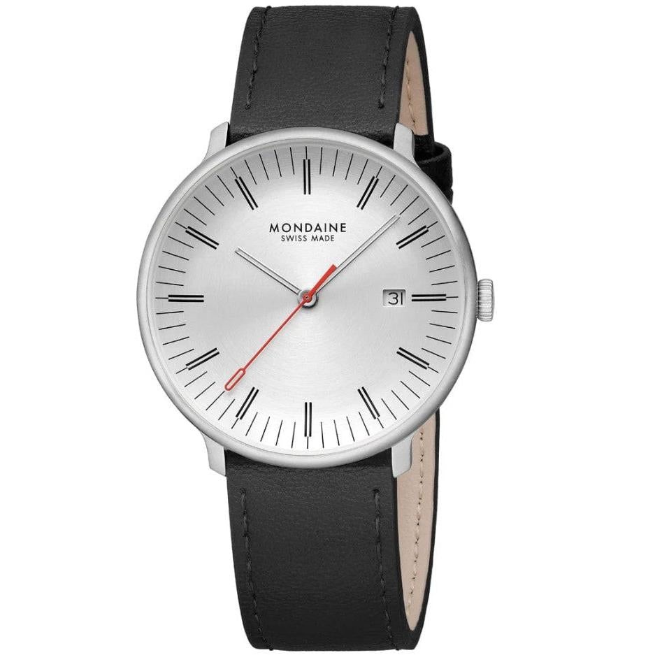 Mondaine Doppio Quartz Watch. Silver Dial, Black Grape Leather Strap.