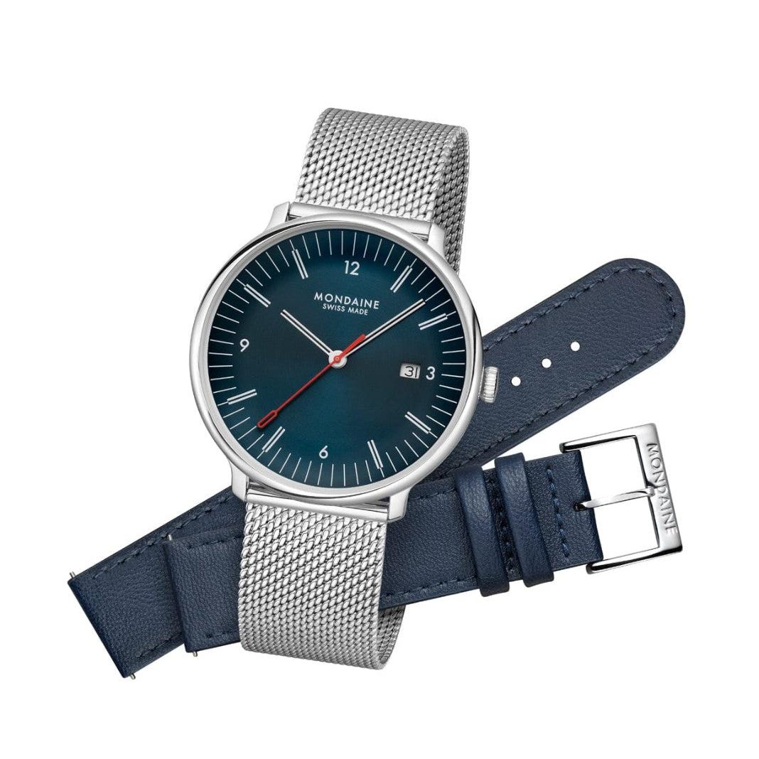 Mondaine Doppio Quartz Watch Two Strap Set. Blue Dial