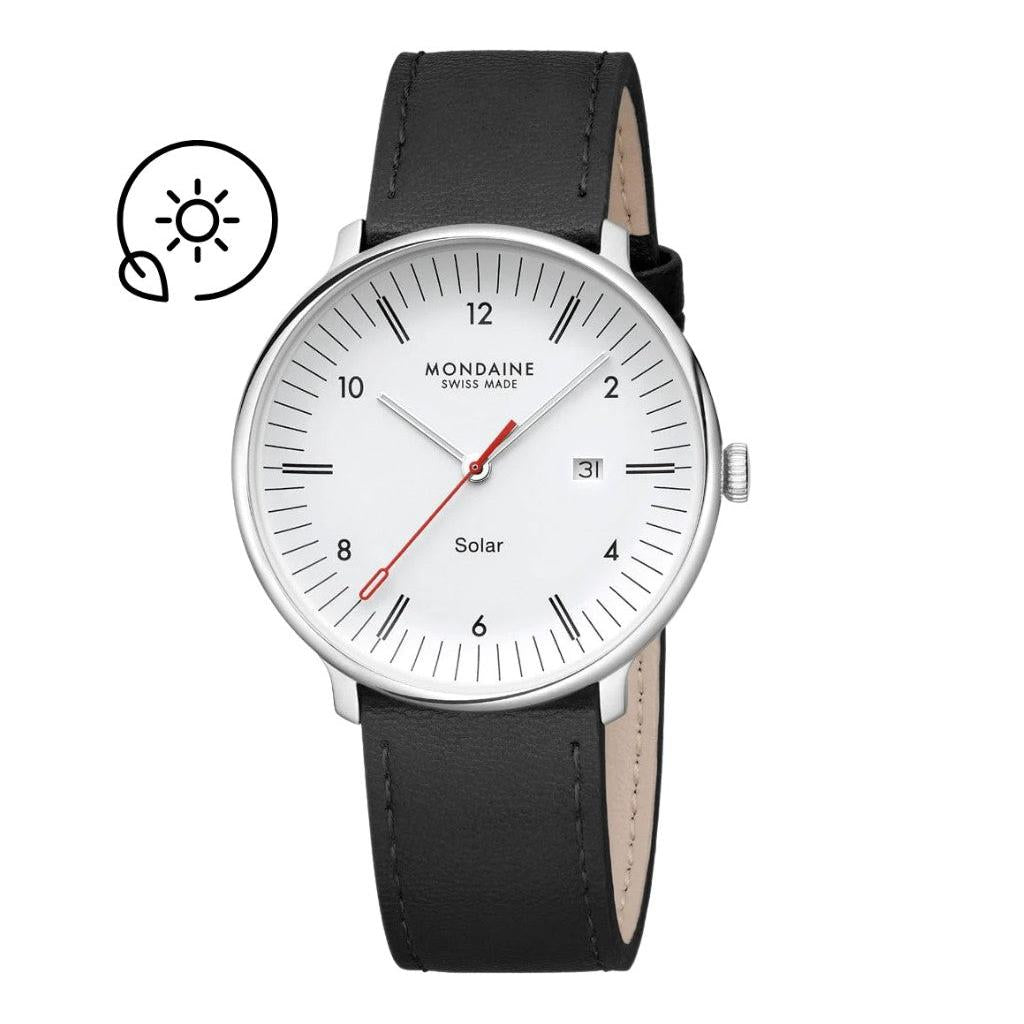 Modaine Doppio Solar Watch. White Dial Black Grape Leather Strap