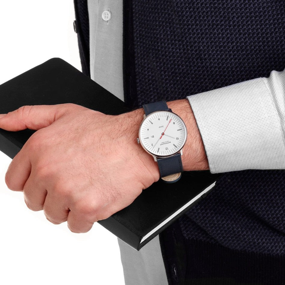 Mondaine Doppio Solar Watch. White Dial Blue Apple Leather Strap.