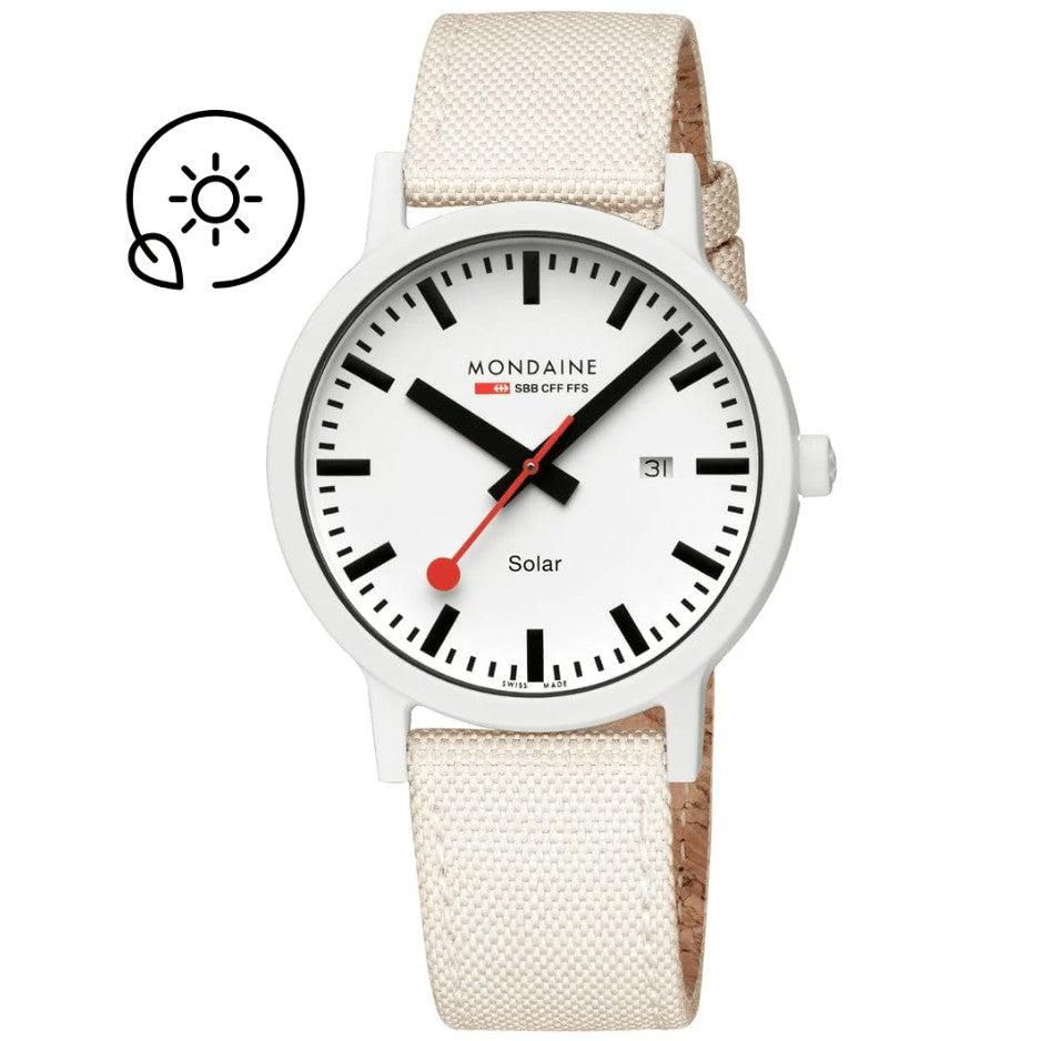 Mondaine Essence Solar Watch. White Dial, Off White Textile Strap.
