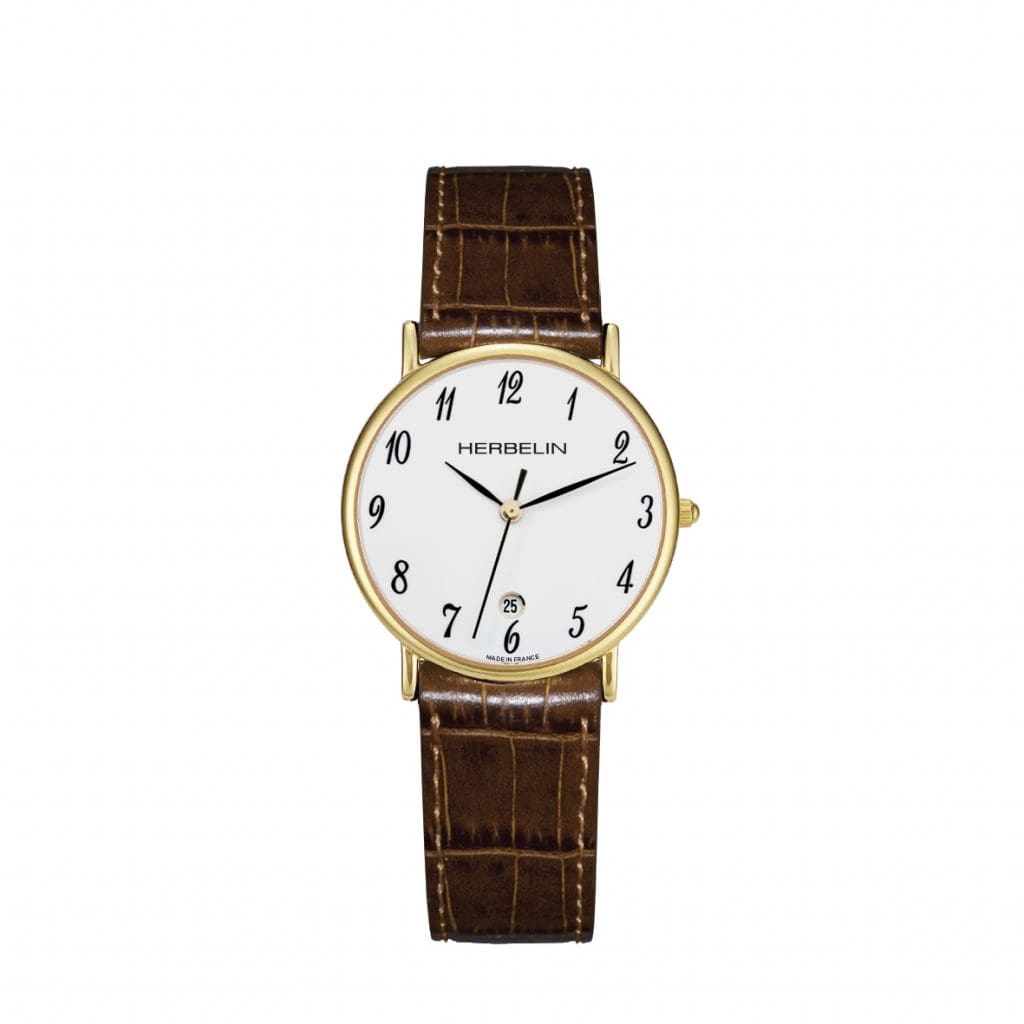 Classique Quartz Watch. White Dial with Arabic Numbers, Brown Leather Strap