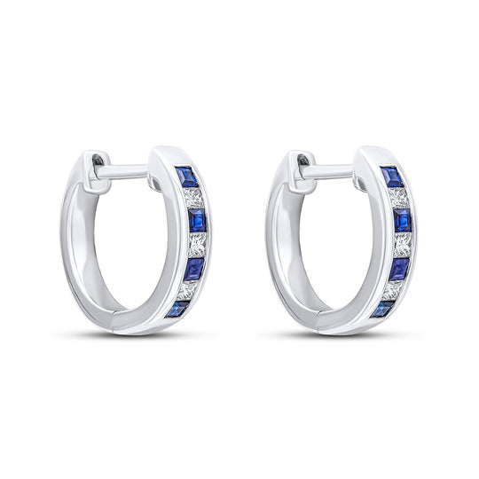 18ct White Gold Square Sapphire & Diamond Channel Huggy Hoop Earrings 14mm
