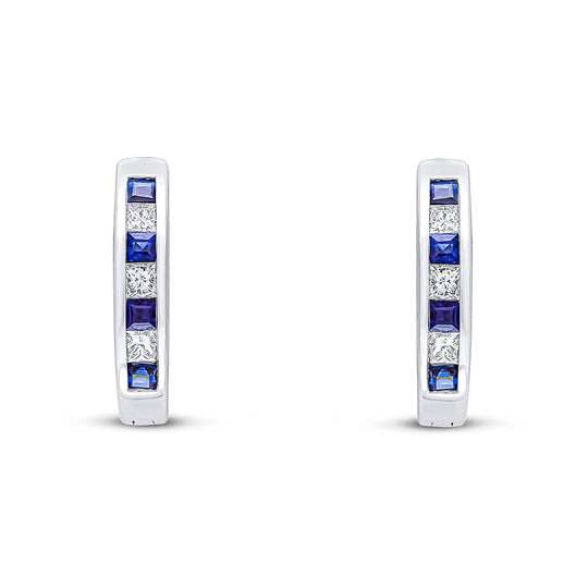 18ct White Gold Square Sapphire & Diamond Channel Huggy Hoop Earrings 14mm