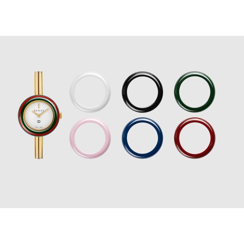Gucci Play Interchangeable Ceramic Bezel Quartz Watch. White Dial Gold Plated Bangle.