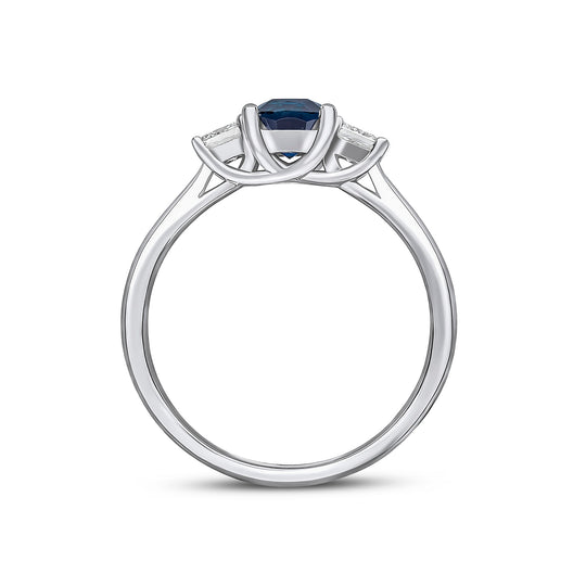 18ct White Gold Cushion Sapphire & Square Diamond Three Stone Ring