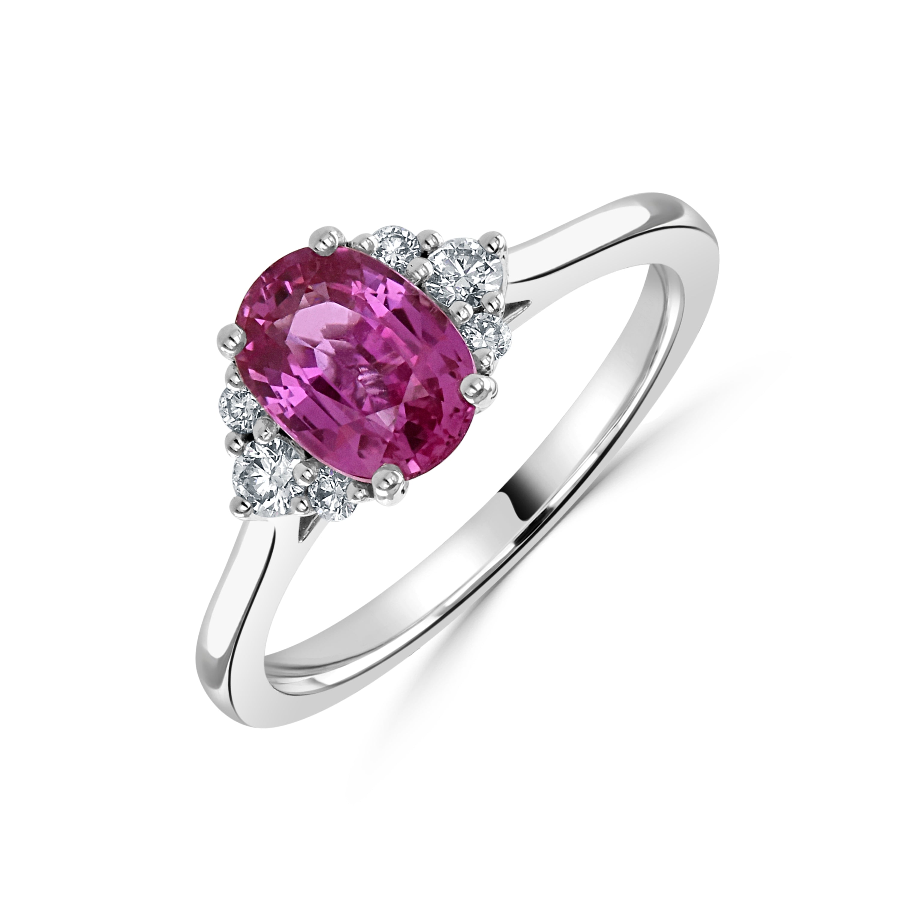18ct white gold oval pink sapphire and diamond trefoil sides ring all claw set