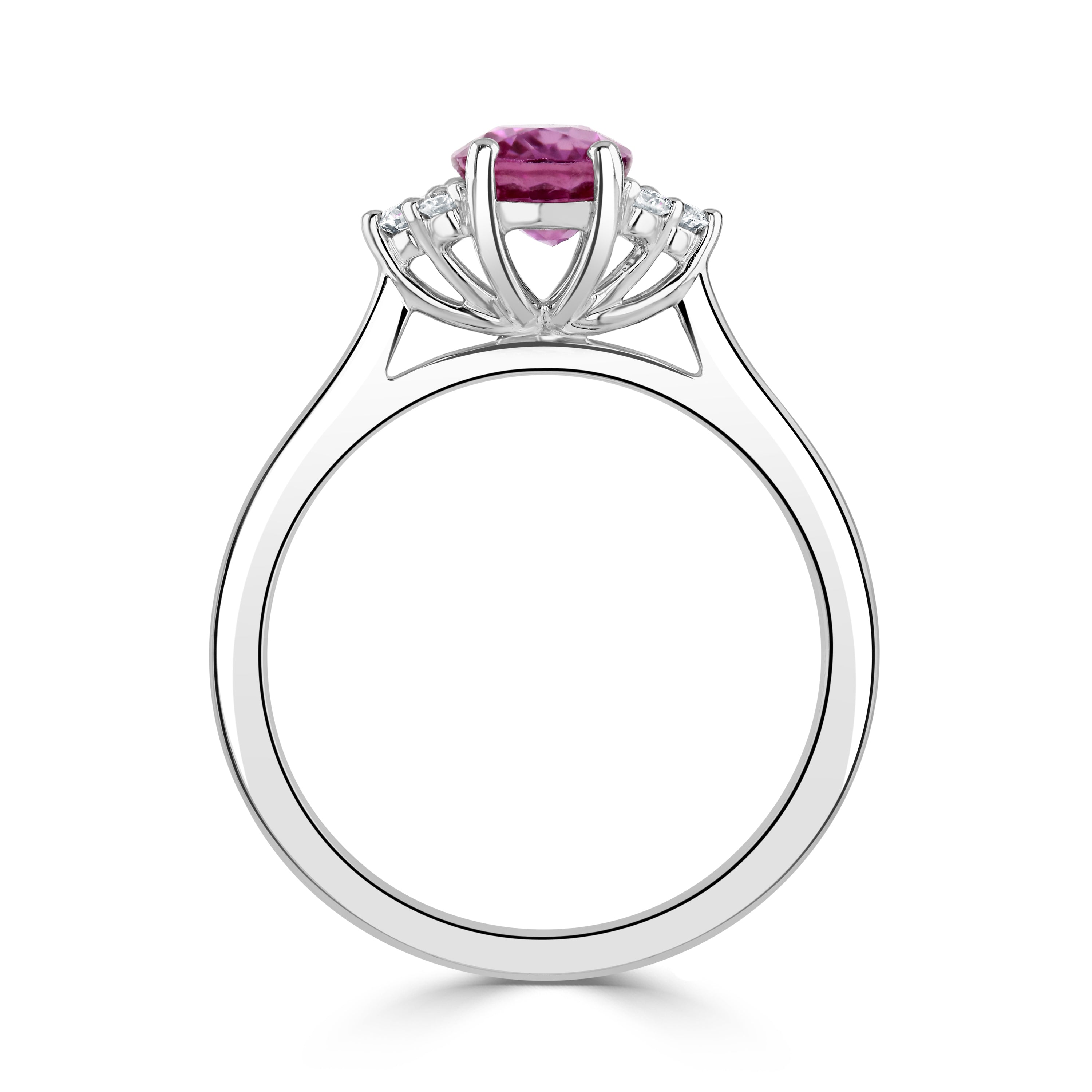 18ct white gold oval pink sapphire and diamond trefoil sides ring all claw set