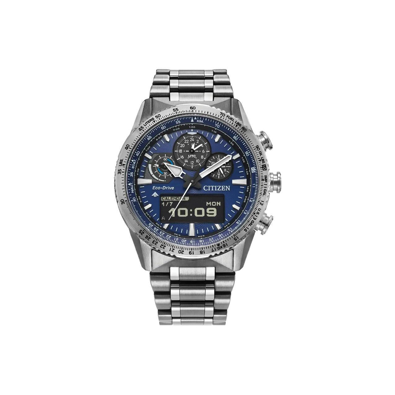 Citizen Promaster Skyhawk Perpetual Calender Eco Drive Watch. Blue Dial, Stainless Steel Bracelet.