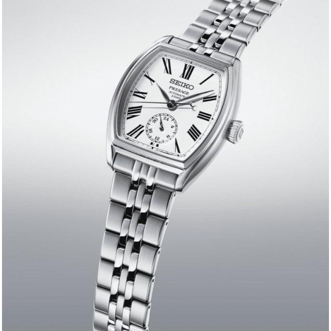 Seiko Presage Classic Series Enamel 'Tonneau' Automatic Watch. White Dial Stainless Steel Bracelet
