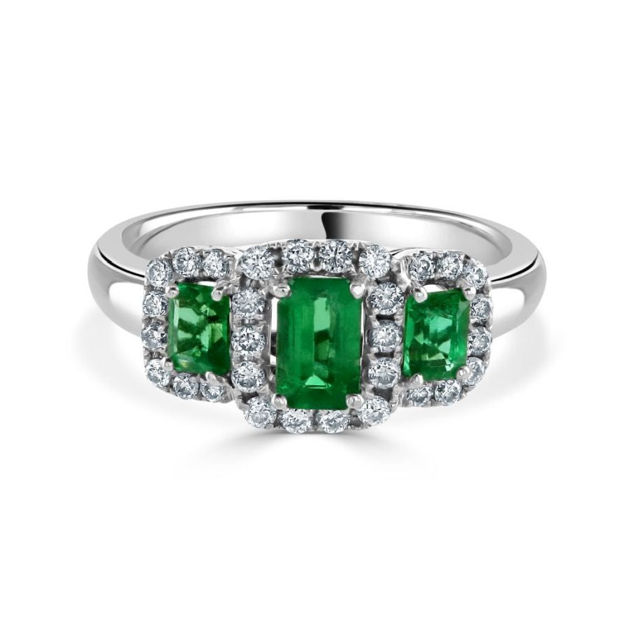 18ct white gold Emerald & Diamond triple cluster ring