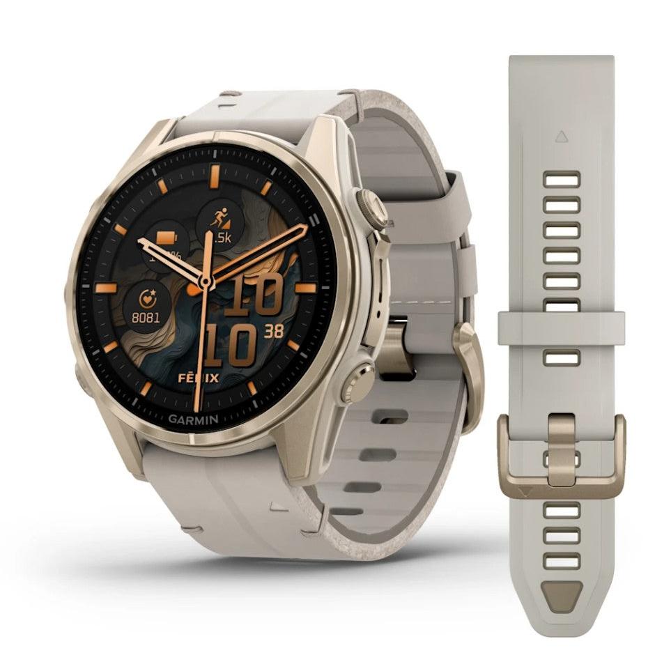 Fenix 8 43mm Amoled Smart Watch. Sapphire, Soft Gold with Limestone Leather Band