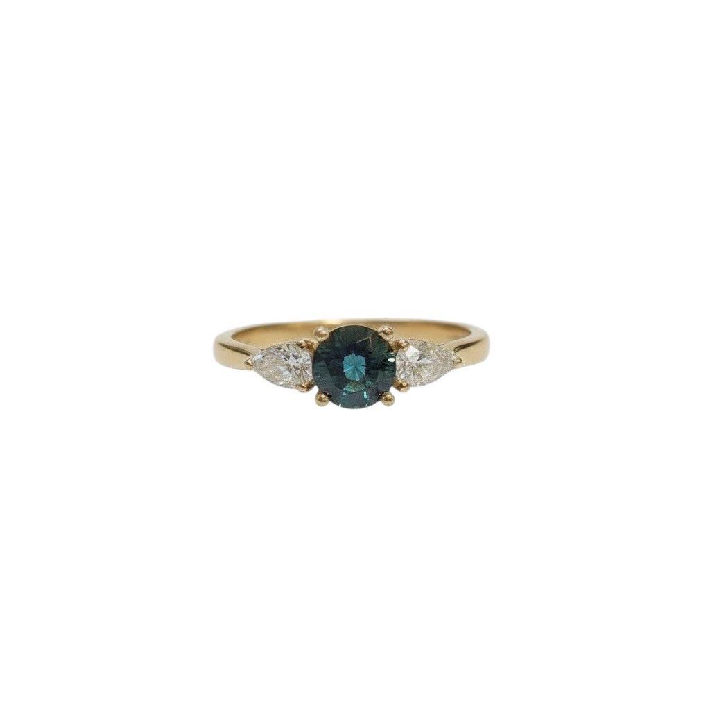 18ct Yellow Gold Round Teal Sapphire and Pear Shape Diamonds 3 Stone Ring