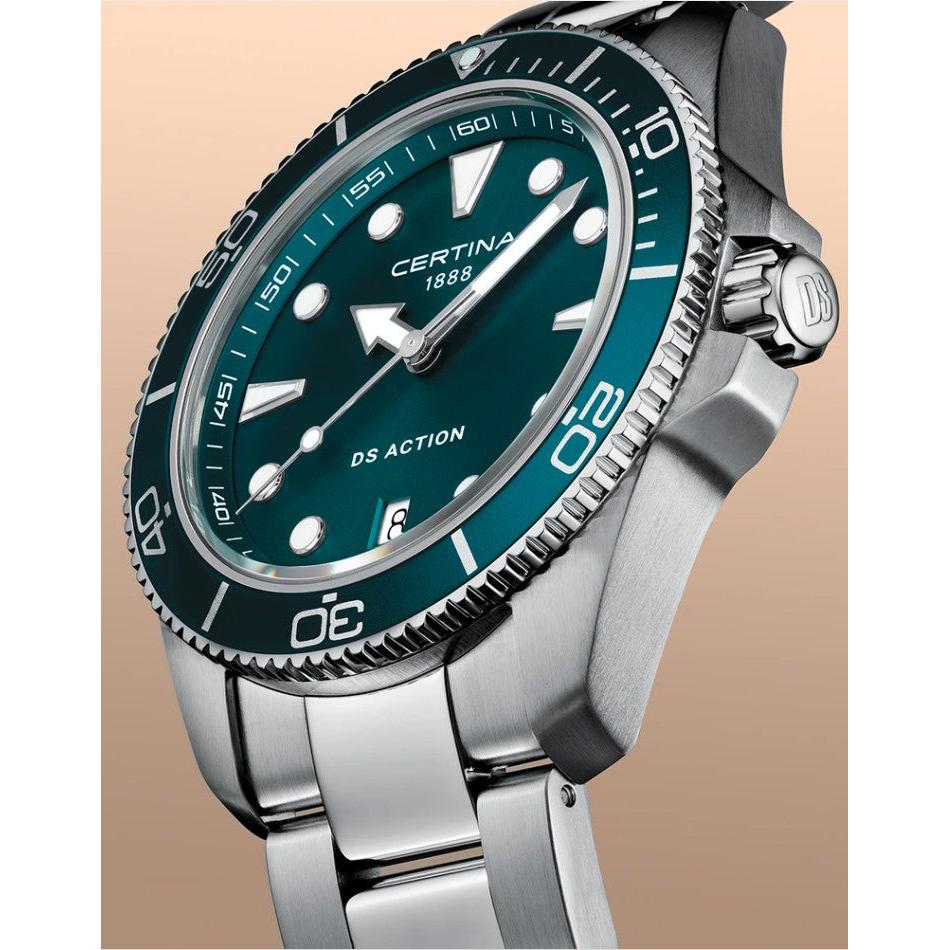 Certina DS Action 40mm Quartz Watch. Green Dial Stainless Steel Bracelet.
