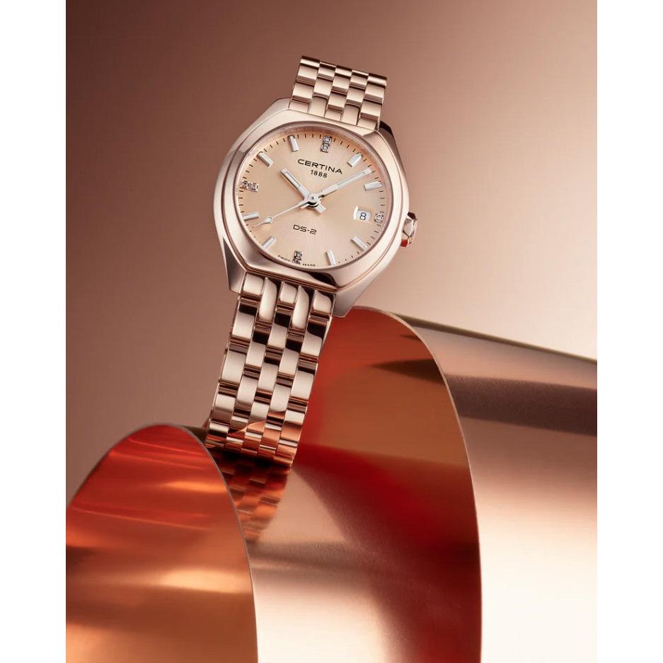 DS-2 Lady Quartz Watch. Champagne Dial, Diamond Dot and Rose PVD Bracelet