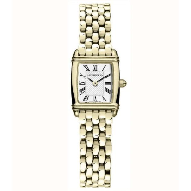 Herbelin Art Deco Mini Tonneau Quartz Watch. White Dial with Roman Numerals Gold PVD Bracelet.