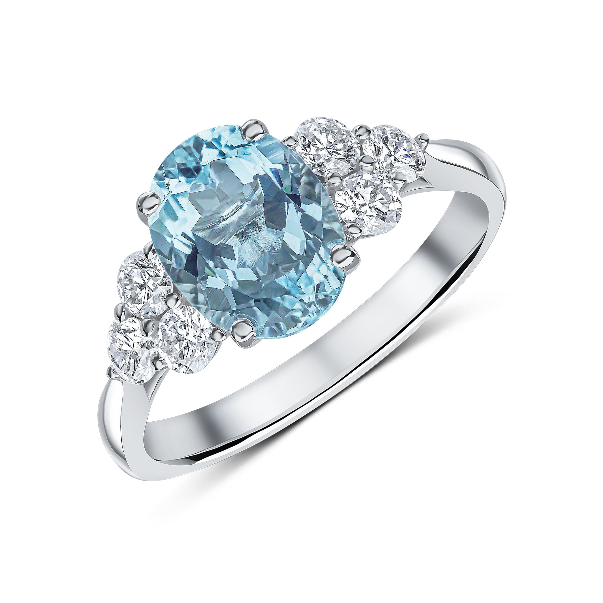 18ct White Gold Oval Aquamarine & Diamond Trefoil Ring