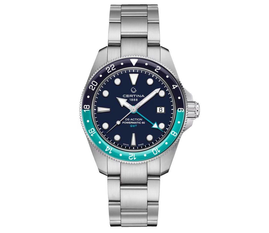 DS Action GMT Powermatic 80 Automatic Watch. Blue Dial Stainless Steel Bracelet.