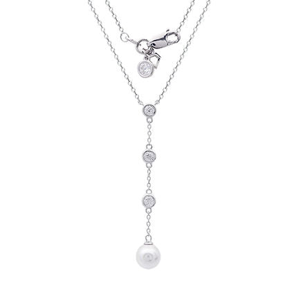 Zirconia and Shell Pearl Y Chain Drop Necklace