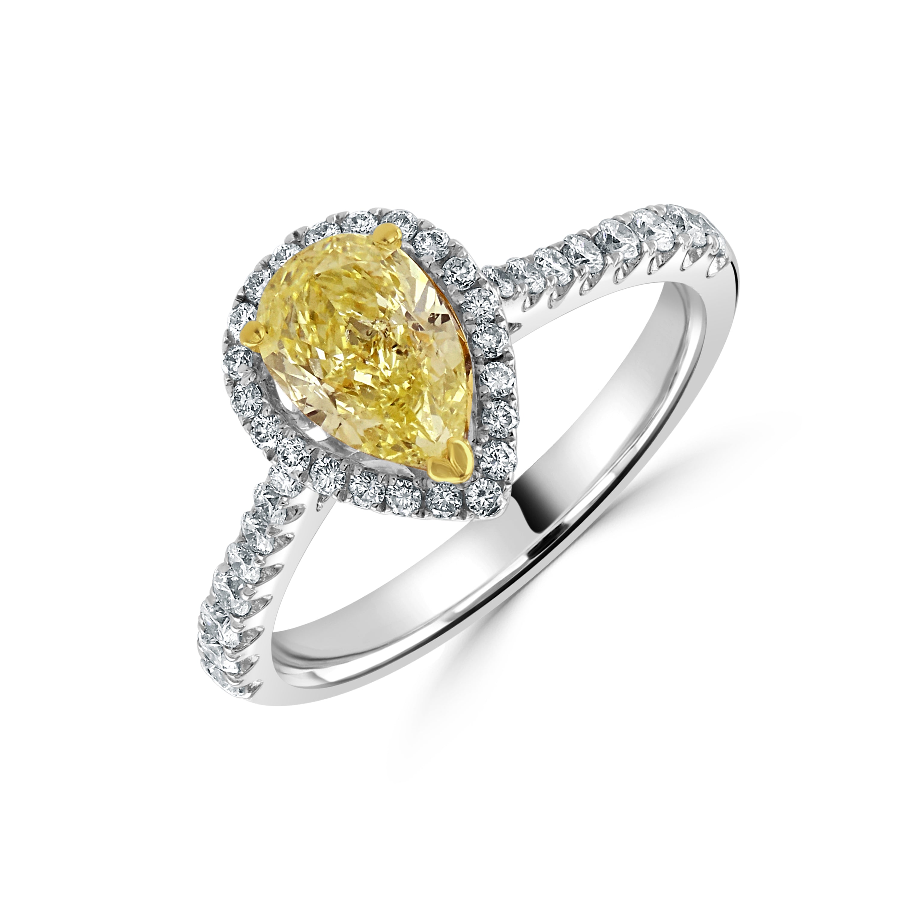 18ct White Gold Pear Cut Yellow Diamond Halo Cluster Ring with Diamond Shoulders