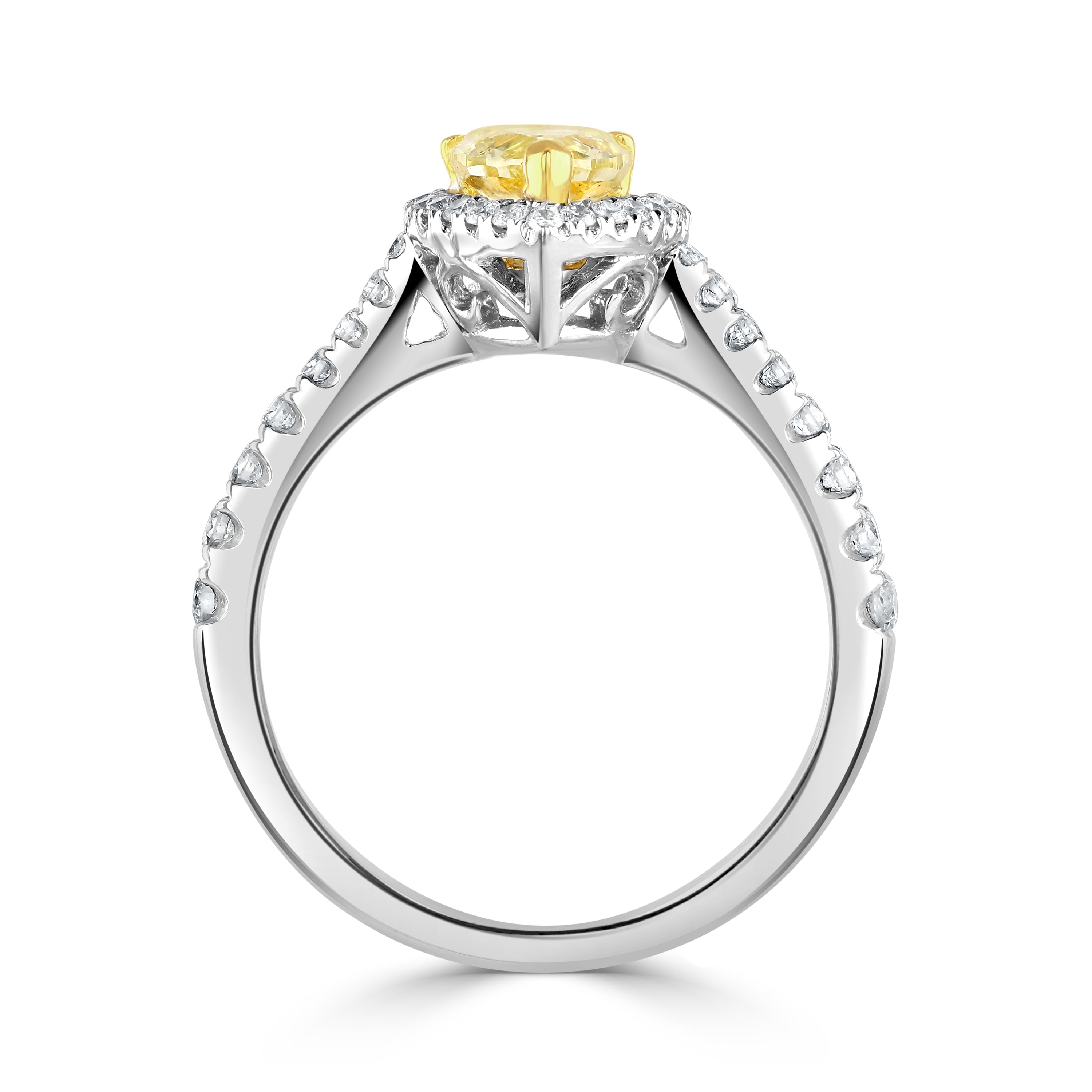 18ct White Gold Pear Cut Yellow Diamond Halo Cluster Ring with Diamond Shoulders