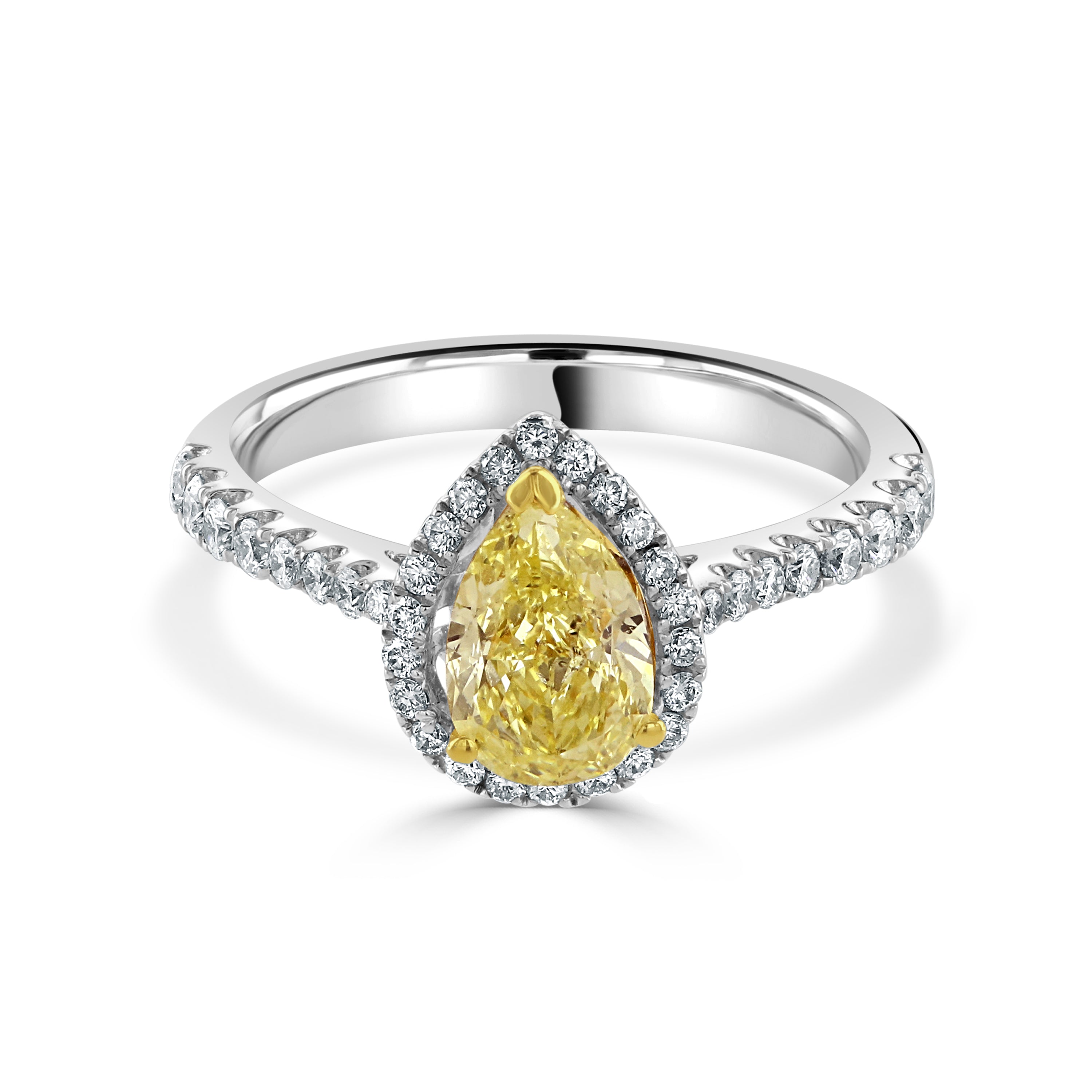 18ct White Gold Pear Cut Yellow Diamond Halo Cluster Ring with Diamond Shoulders