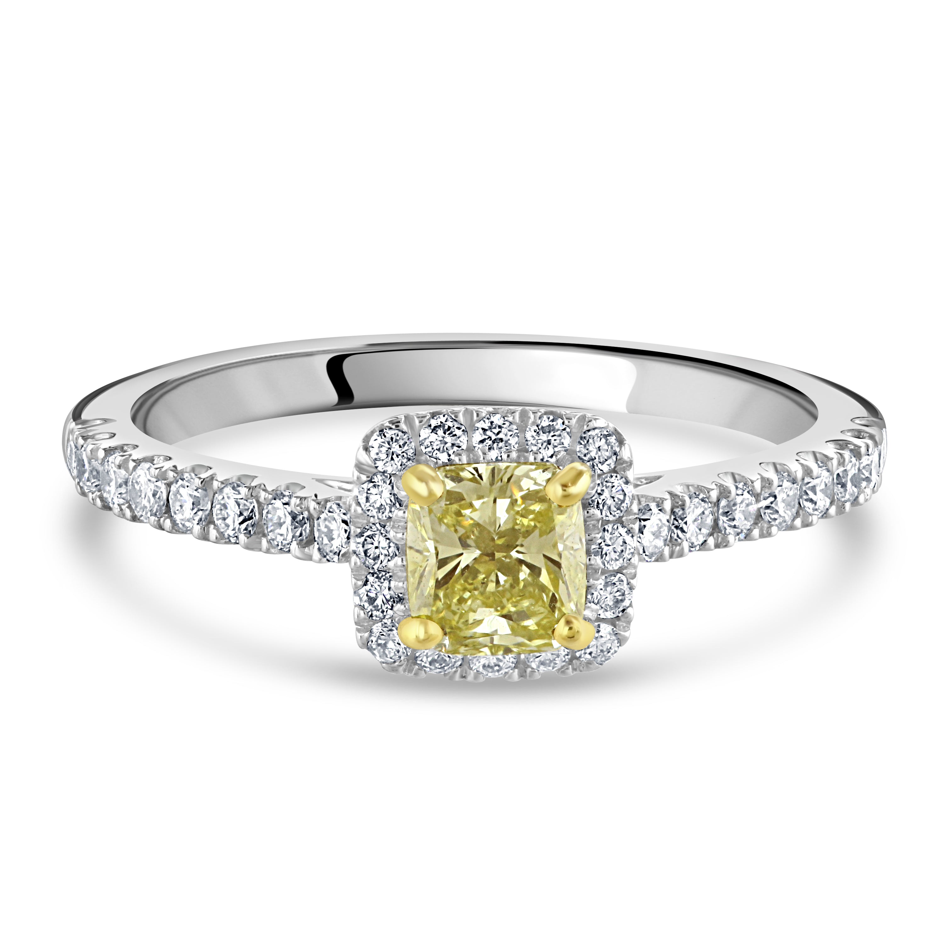 Platinum Fancy Yellow Cushion Cut Diamond Cluster Ring