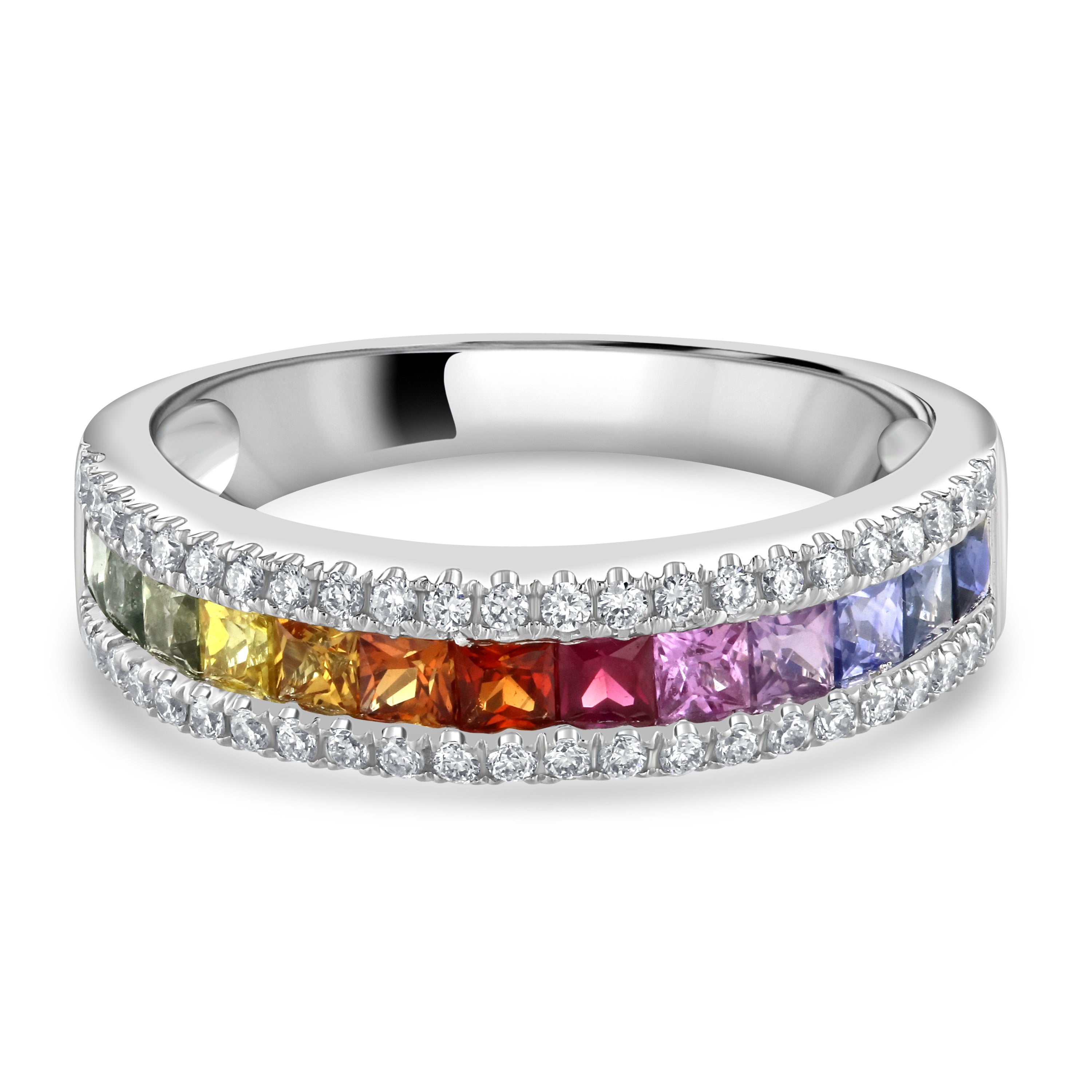 18ct White Gold Rainbow Sapp & Diam 3 row ring