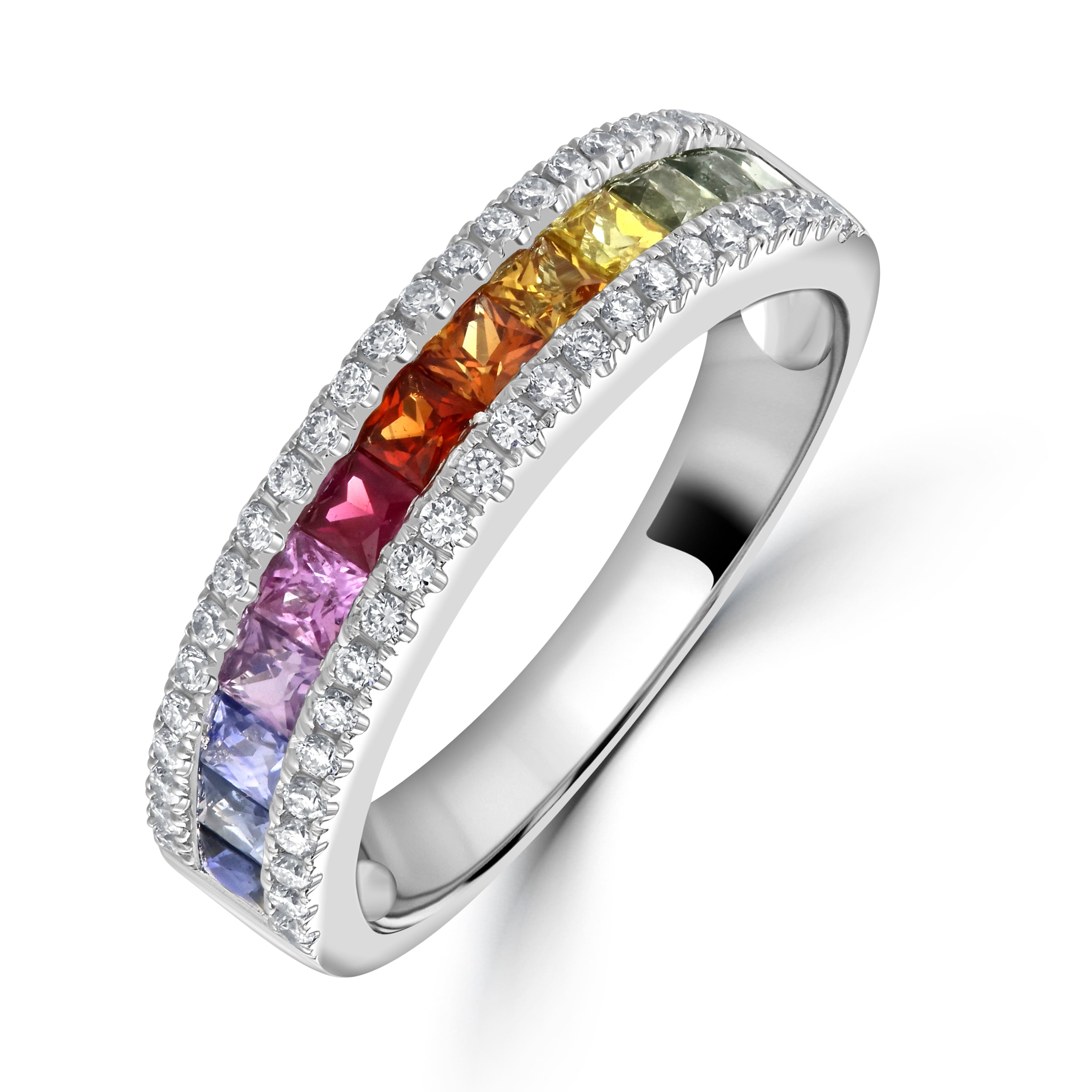 18ct White Gold Rainbow Sapp & Diam 3 row ring