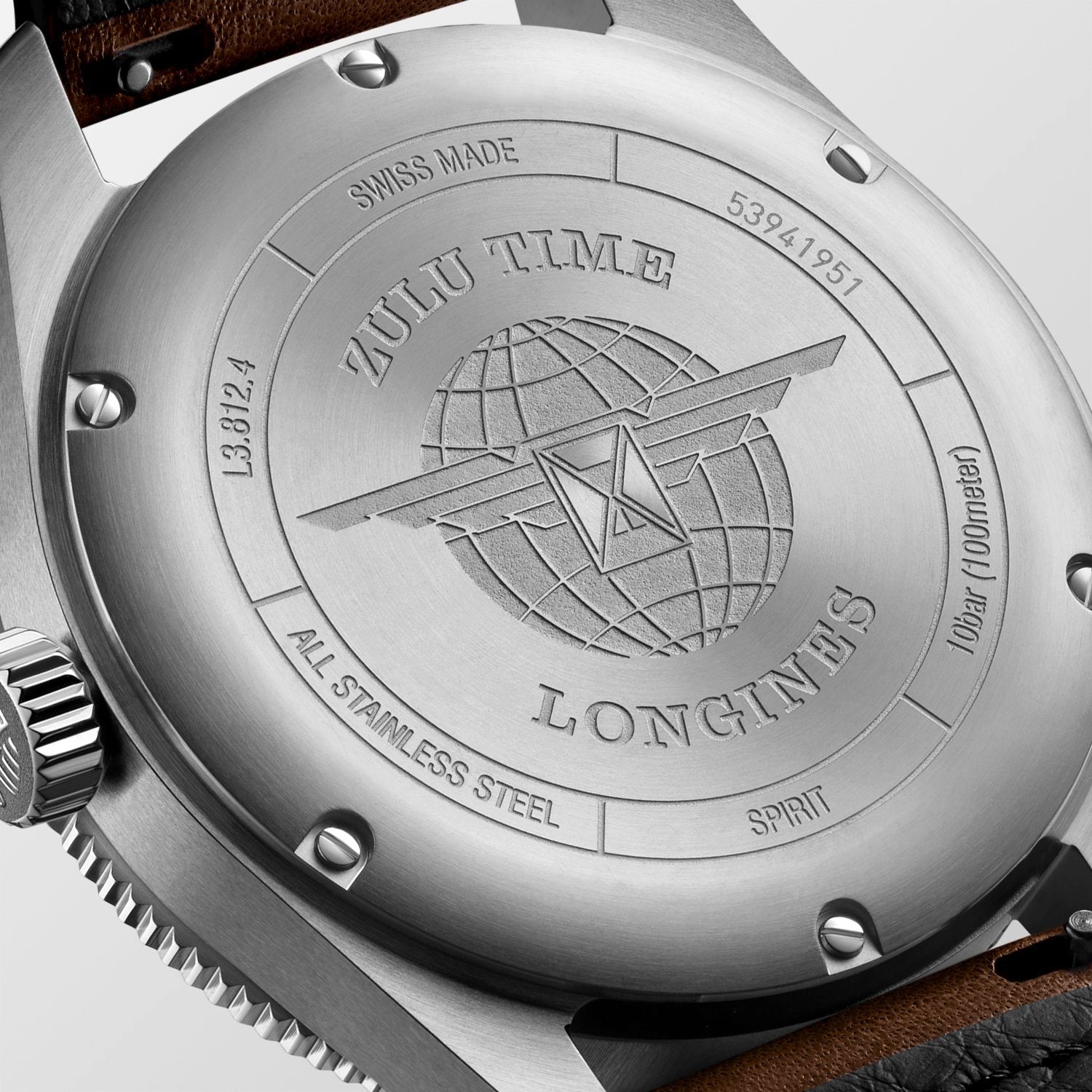Longines Spirit Zulu Time Chronometer Automatic Watch. Black Dial Brown Leather Strap.