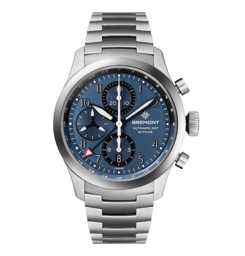 Bremont Altitude Chronograph GMT Automatic Watch. Blue Dial Stainless Steel Braclet.