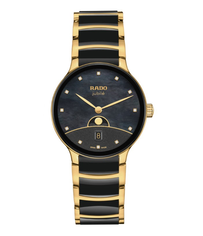 Rado Centrix Moonphase Quartz Watch. Black Mother of Pearl Dial Diamond Dot Dial.