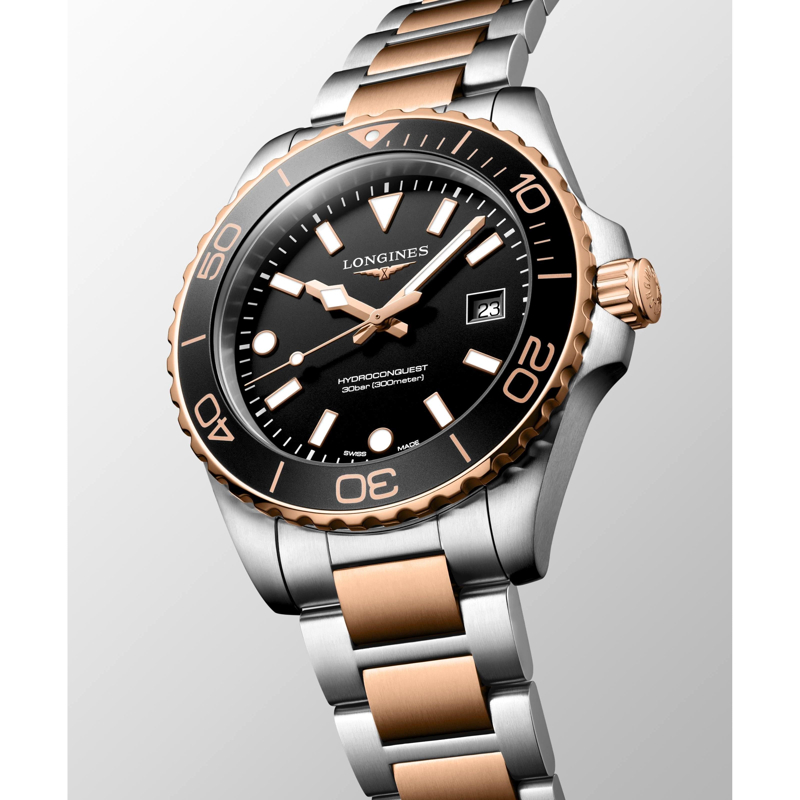 Hydroconquest Quartz Watch. Black Dial, Stainless Steel and Rose PVD Bracelet