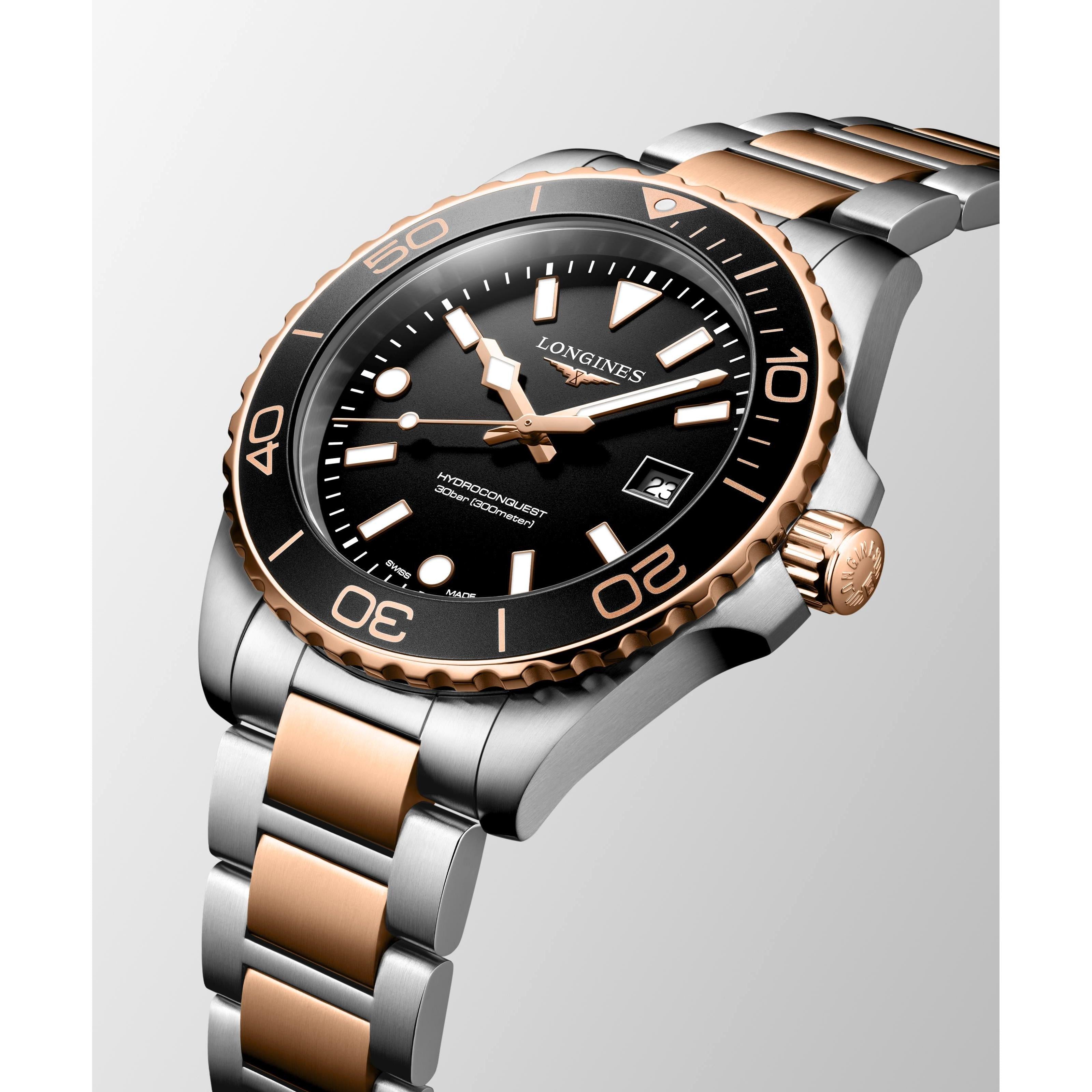 Hydroconquest Quartz Watch. Black Dial, Stainless Steel and Rose PVD Bracelet