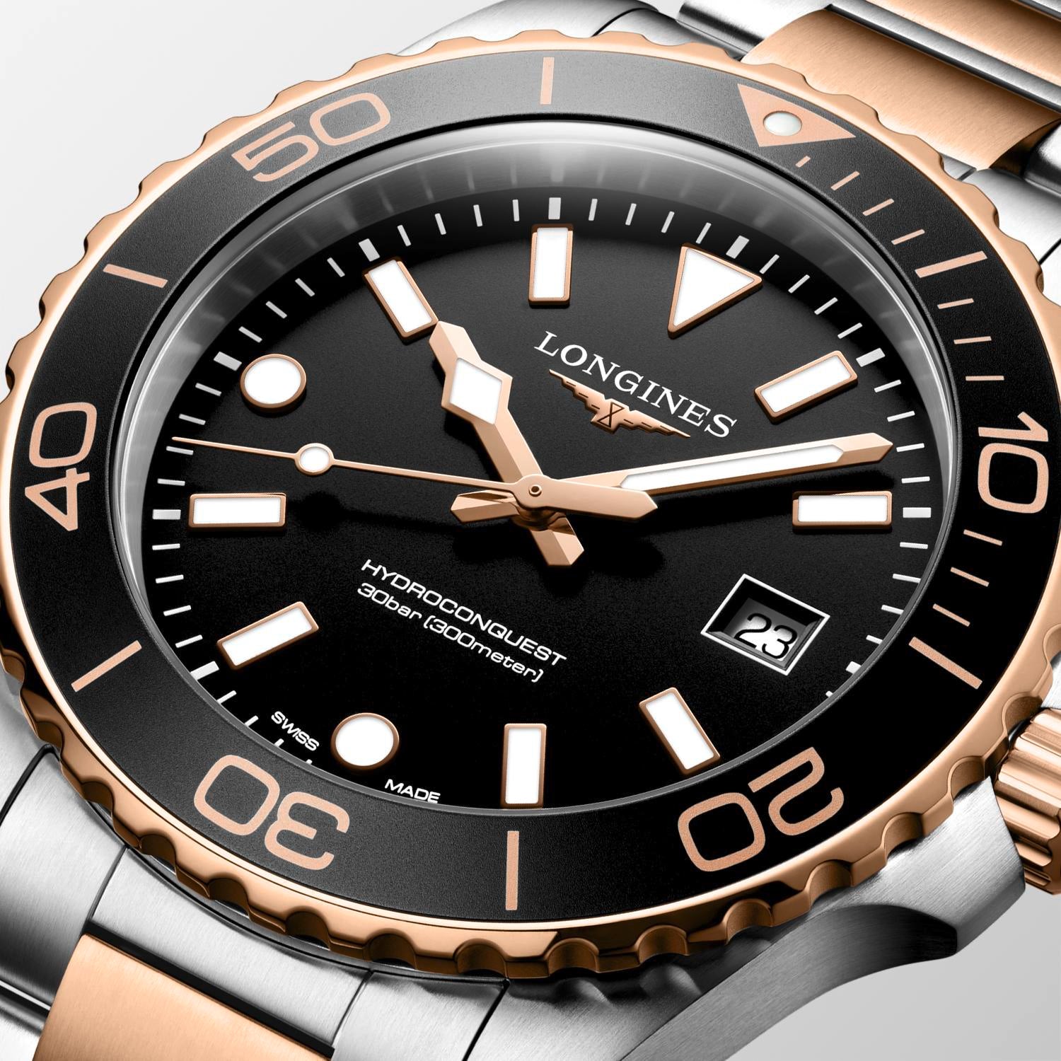 Hydroconquest Quartz Watch. Black Dial, Stainless Steel and Rose PVD Bracelet