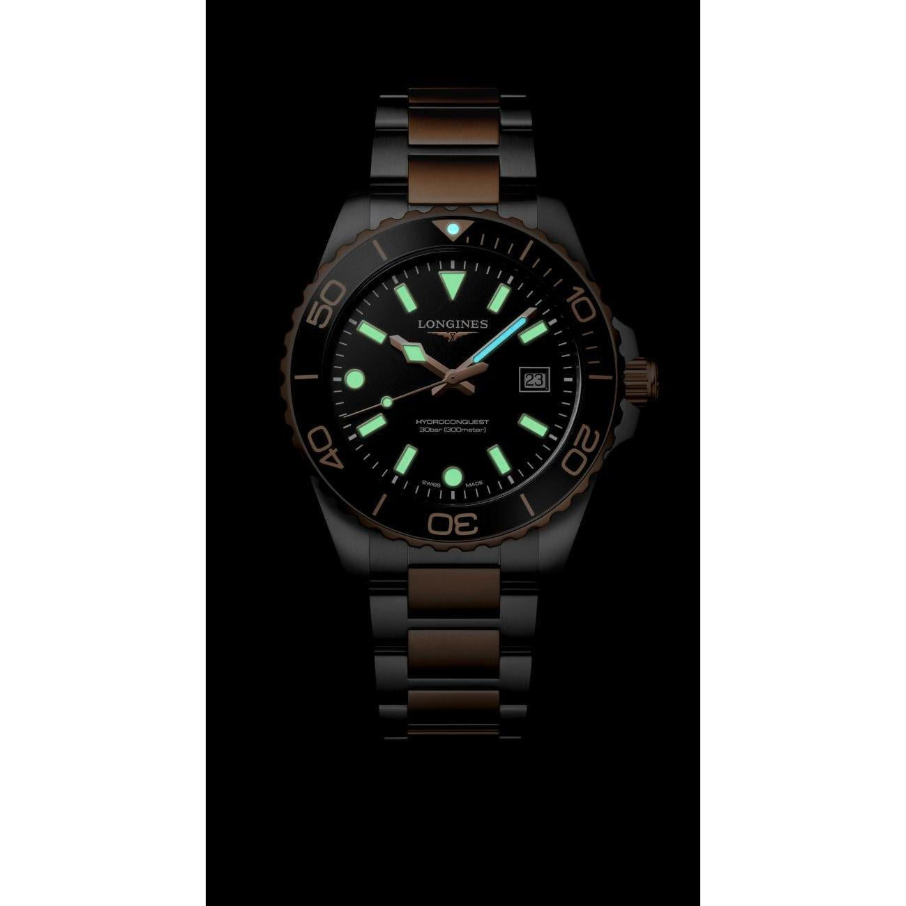 Hydroconquest Quartz Watch. Black Dial, Stainless Steel and Rose PVD Bracelet