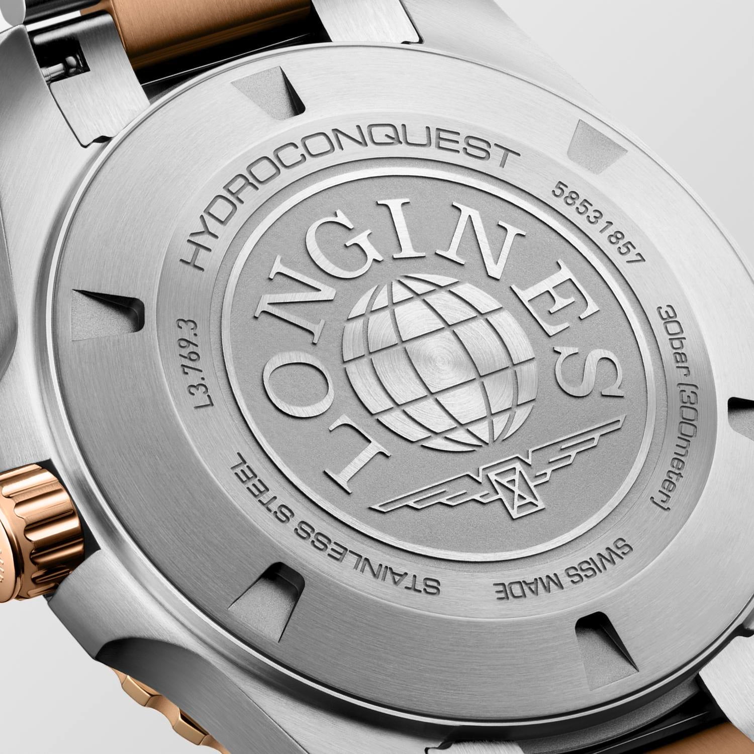 Hydroconquest Quartz Watch. Black Dial, Stainless Steel and Rose PVD Bracelet