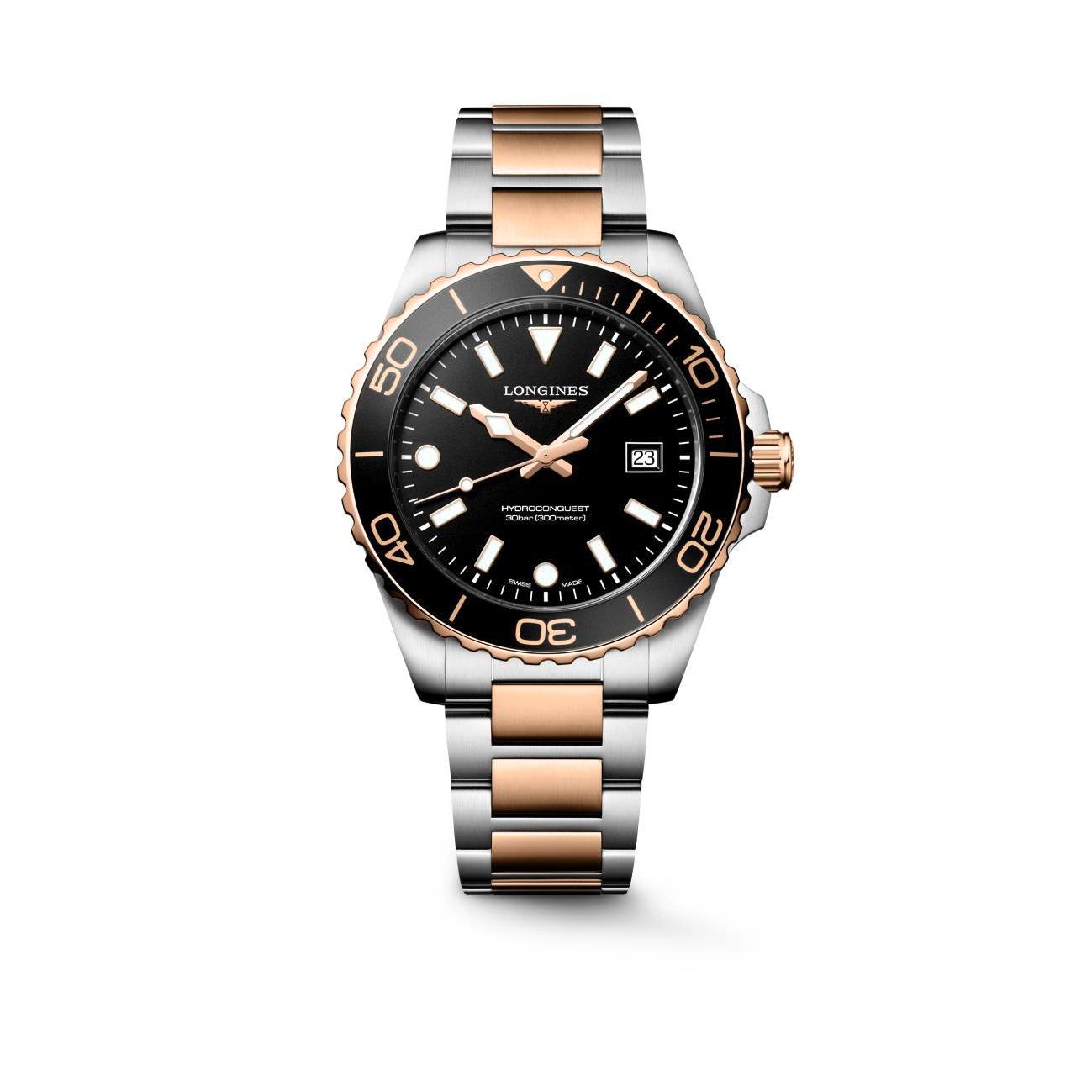 Hydroconquest Quartz Watch. Black Dial, Stainless Steel and Rose PVD Bracelet